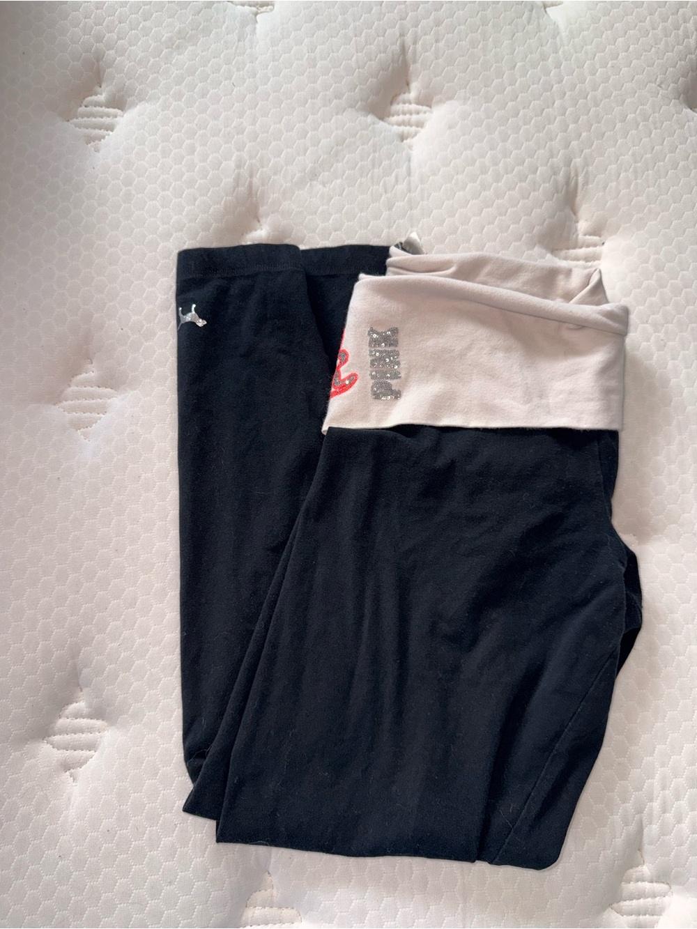 108. PINK Victoria's Secret Black Leggings with Fold-Over White Waistband Y2K - Picture 4 of 5